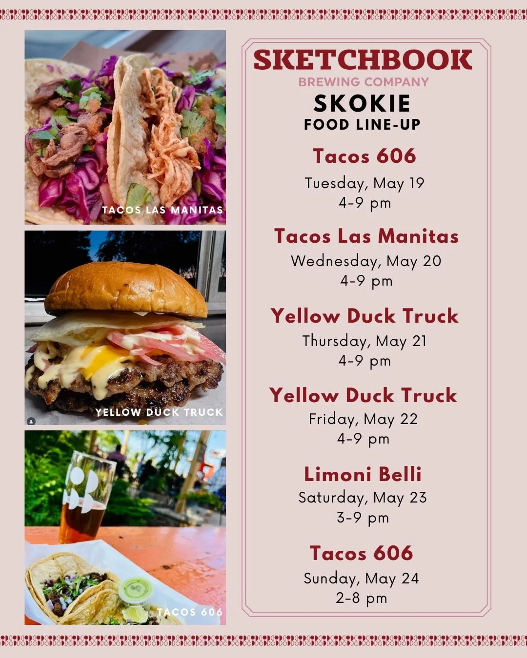 Don't feel like cooking this week? Let us take care of it. Here's who's serving in Skokie:

Tuesday: Tacos 606
Wednesday: @tacos_lasmanitas 
Thursday: @theyellowducktruck 
Friday: @theyellowducktruck 
Saturday: @limonibelli 
Sunday: Tacos 606
🌮
🍔
?
