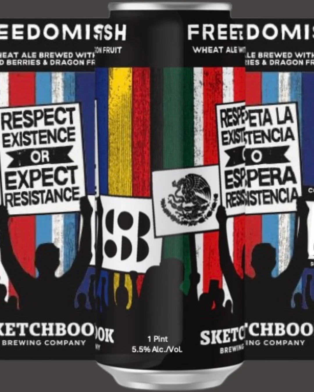 We are so excited to share the can art for Freedomish: Respect Existence or Expect Resistance. Centered around our purpose of standing up and speaking out for our immigrant friends, the label includes the colors of flags representing Central and Sout