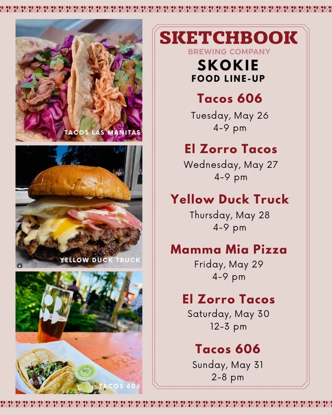 Looks like some great weather for dining on our patio this week. Here's who's serving up deliciousness:

Tuesday: Tacos 606
Wednesday: @elzorrotacoschicago 
Thursday: @theyellowducktruck
Friday: @mammamiapizzachicagoland 
Saturday: @elzorrotacoschica