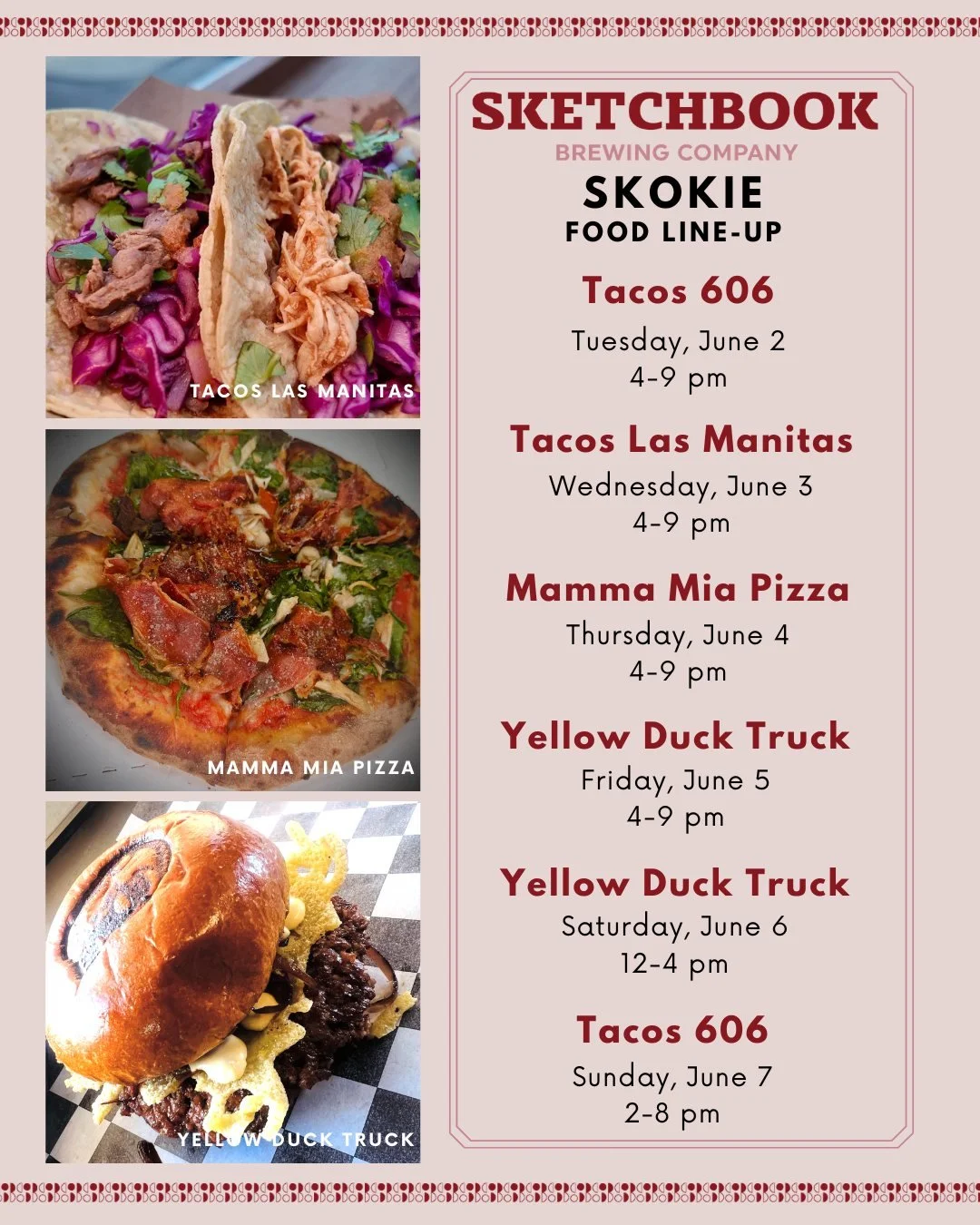 Grab a beer and some grub on our patio this week! Here's who's serving up the tasty goodness:

Tuesday: Tacos 606
Wednesday: @tacos_lasmanitas 
Thursday: @mammamiapizzachicagoland 
Friday: @theyellowducktruck 
Saturday: @theyellowducktruck (early hou