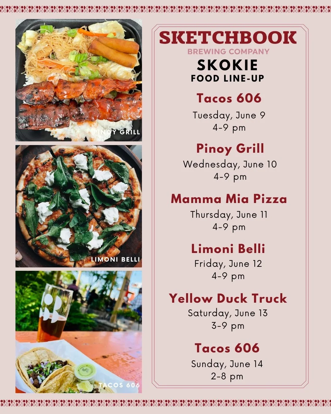 Don't feel like cooking this week? We've got you covered in Skokie! 

Tuesday: Tacos 606
Wednesday: @pinoygrillchicago_ah 
Thursday: @mammamiapizzachicagoland 
Friday: @limonibelli 
Saturday: @theyellowducktruck 
Sunday: Tacos 606
🌮
🍕
🍔
🌮
#chicag