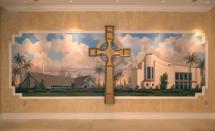 Large Custom Painting Depicting an Old and newly rebuilt Church.