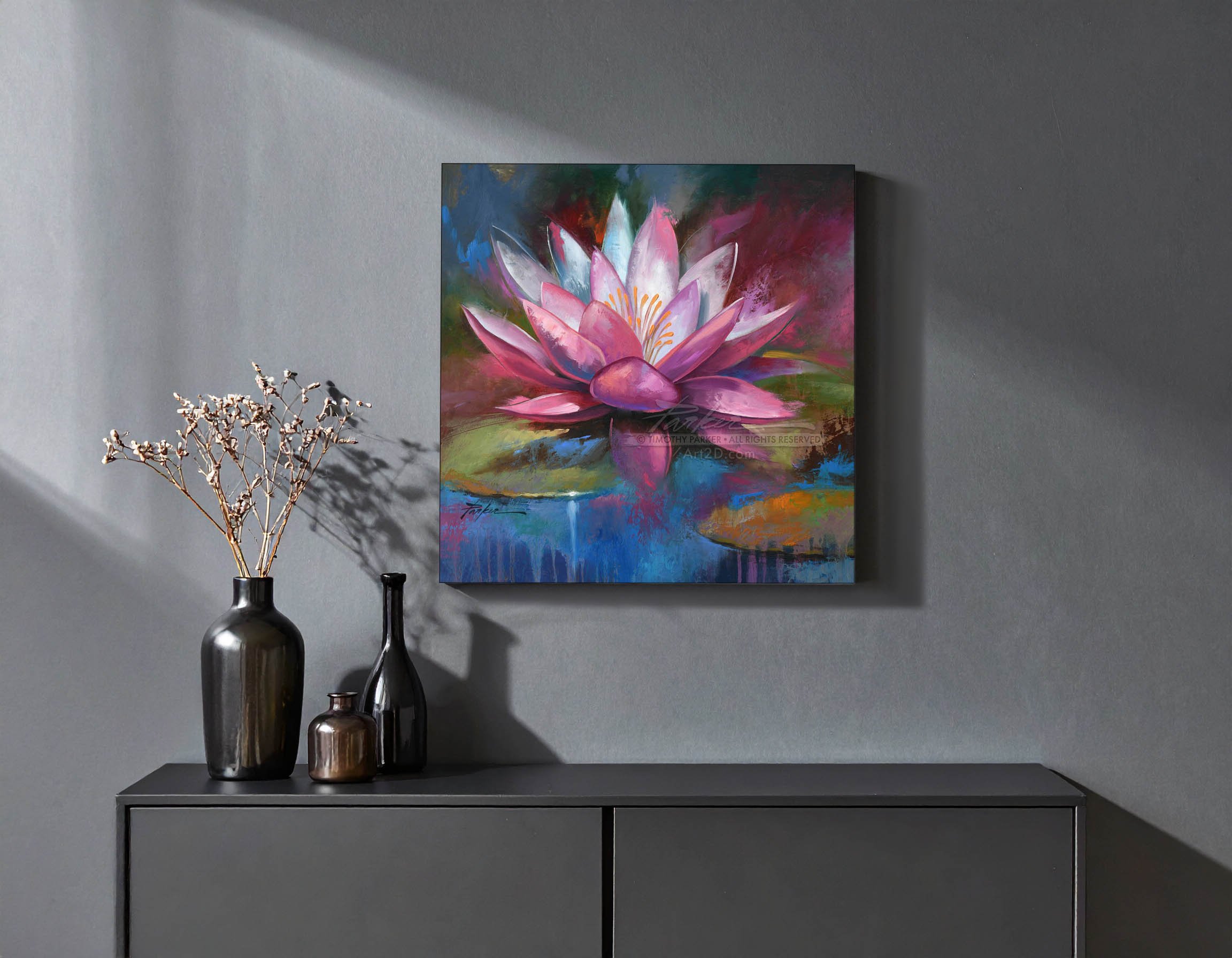 Lotus Flower Artwork, water lily painting print, naples florida contemporary art gallery, local modern artist timothy parker, yoga art gift