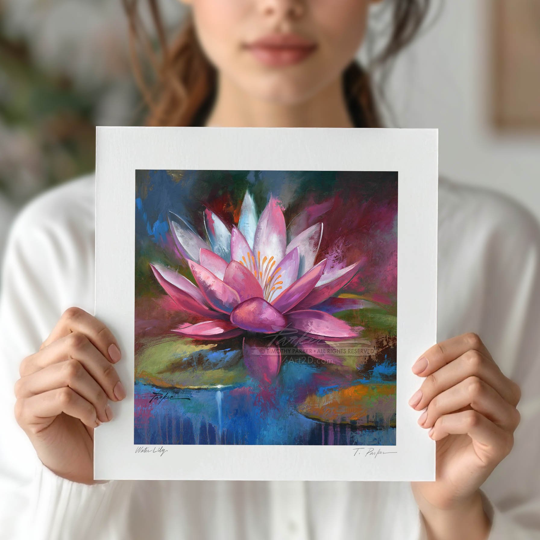 Lotus Flower Artwork, water lily painting print, naples florida contemporary art gallery, local modern artist timothy parker, yoga art gift