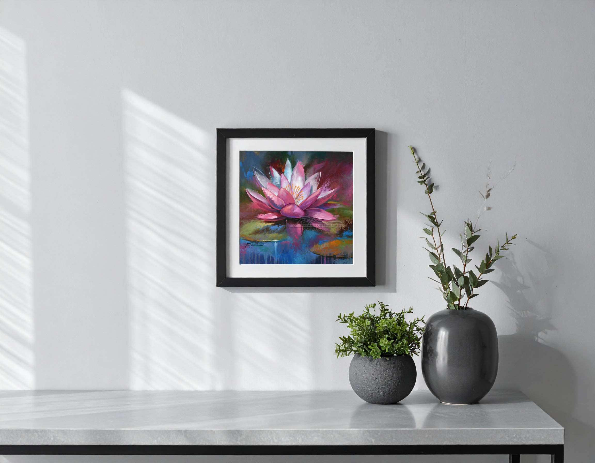 Lotus Flower Artwork, water lily painting print, naples florida contemporary art gallery, local modern artist timothy parker, yoga art gift