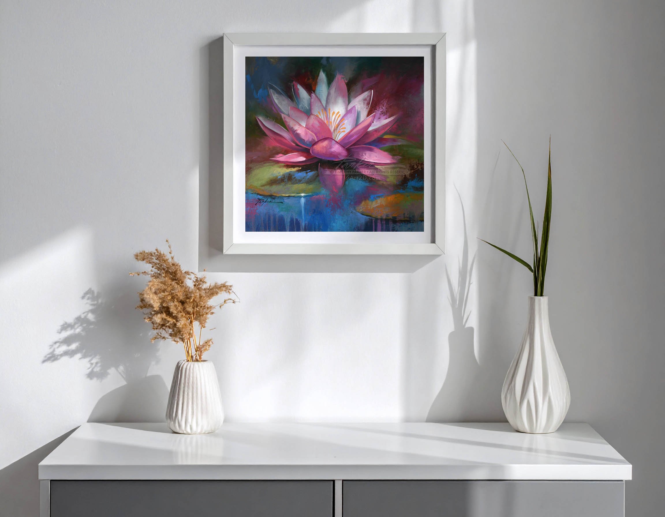 Lotus Flower Artwork, water lily painting print, naples florida contemporary art gallery, local modern artist timothy parker, yoga art gift
