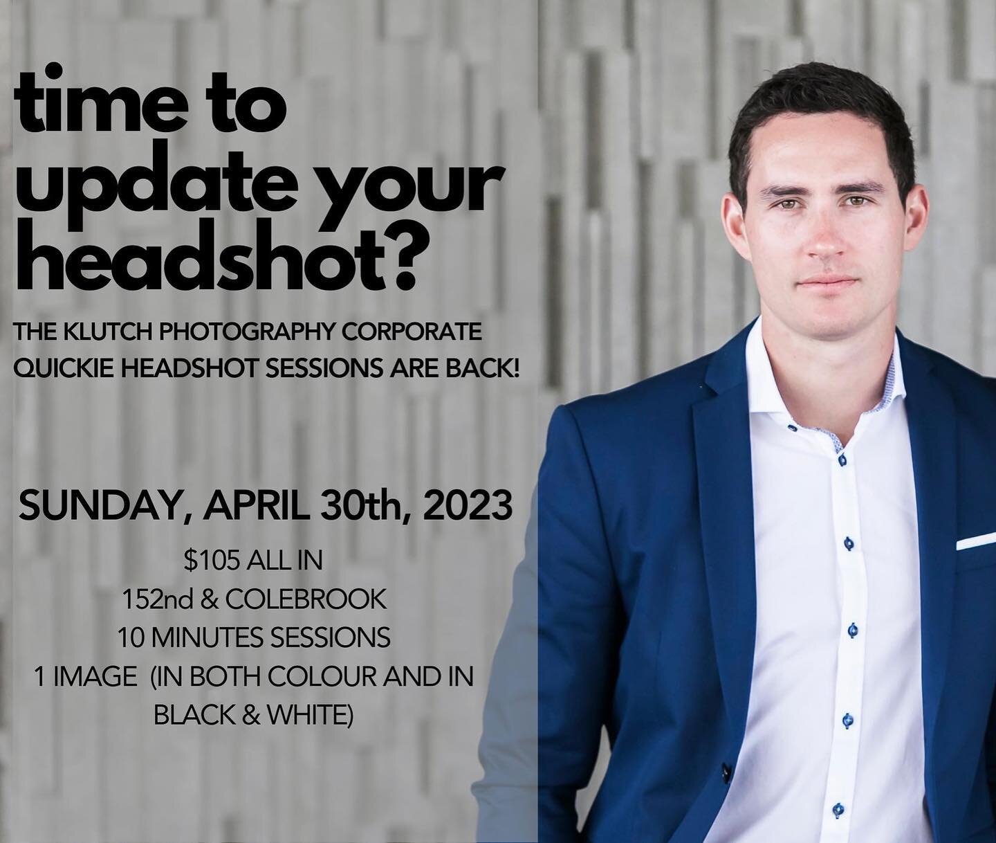 Needing a headshot update but hate getting your picture taken!? 

Then the quickie headshot  session is made for you !

In this 10 minutes session you will get a updated headshot in colour &amp; in black-and-white within 2 weeks of the session for yo
