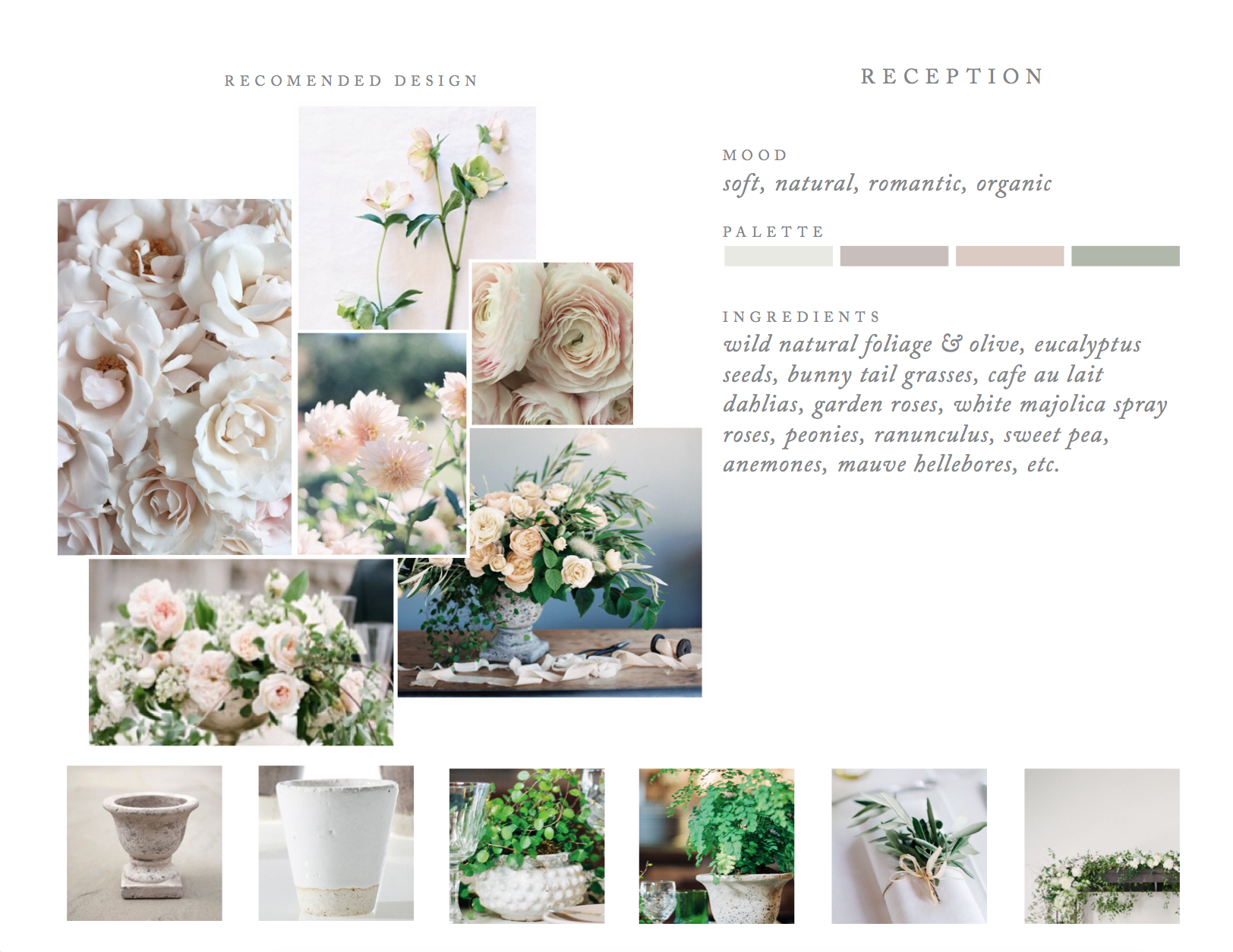 The design for this pale and neutral luxury wedding at Sunstone was inspired by the iconic coloring of the villa walls itself. Above is the vision board we presented to our clients as a seedling of what their beautiful day could look like. We carried out this design using wild summer berries on the vine, a variety of locally harvested old-world garden roses, and we had cafe au lait dahlias cut the day before the event for flawless perfection.