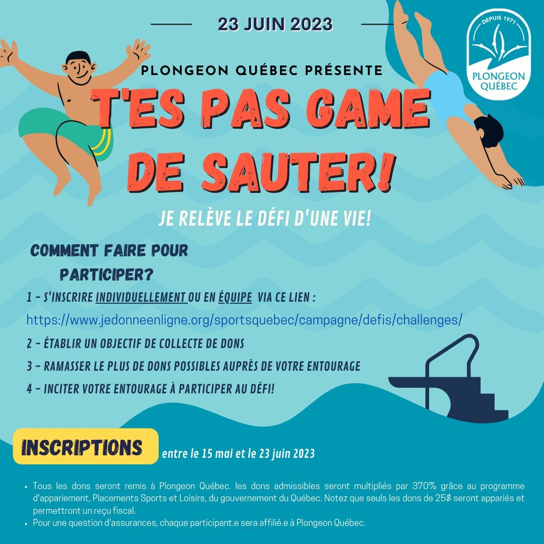 😎 T'ES PAS GAME DE SAUTER ! 😎

Tu as un casse-cou dans ton entourage ou tu souhaites toi-m&ecirc;me relever le d&eacute;fi et sauter pour une bonne cause ? C'est le temps de vous inscrire MAINTENANT &agrave; T'es pas game de sauter ! qui est de ret