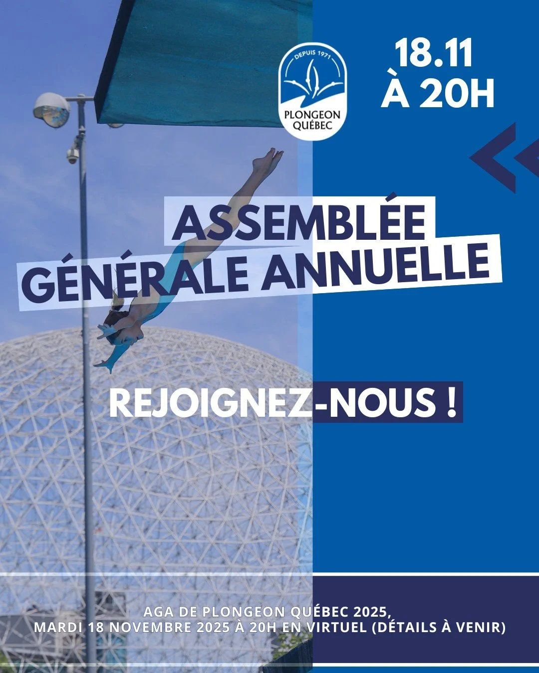 📣 Avis de convocation &ndash; Assembl&eacute;e g&eacute;n&eacute;rale annuelle

Nous invitons tous nos membres &agrave; participer &agrave; notre AGA 2025, qui se tiendra :
🗓️ Mardi 18 novembre 2025
🕗 20 h
💻 En mode virtuel (d&eacute;tails de con