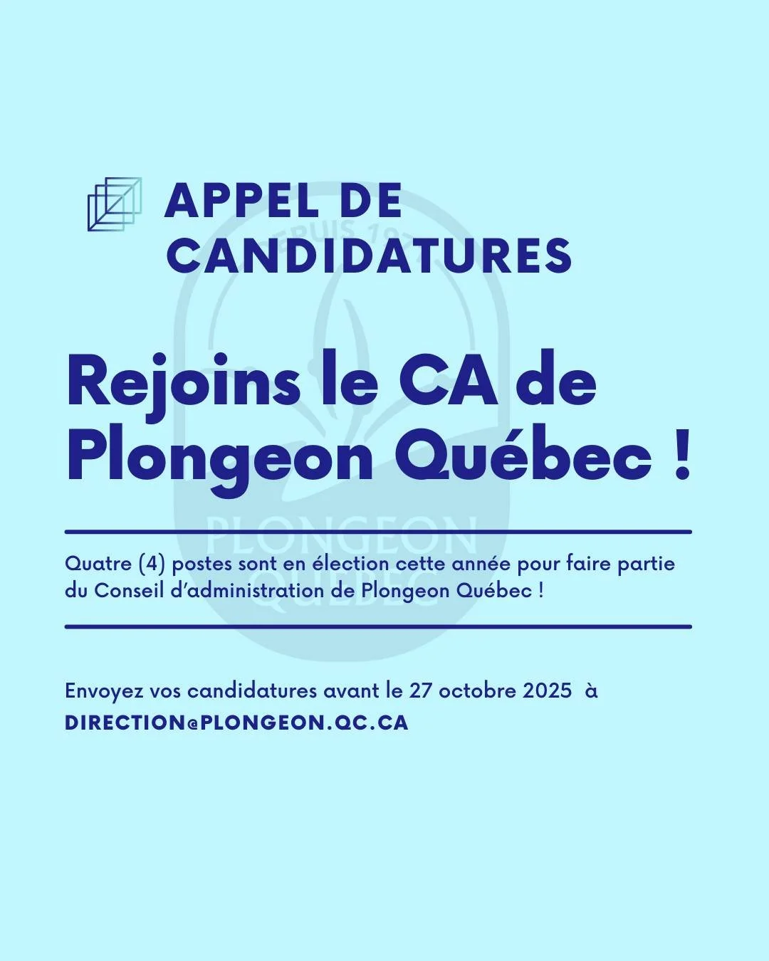 APPEL DE CANDIDATURES ‼️

Vous souhaitez contribuer au d&eacute;veloppement du plongeon au Qu&eacute;bec?
C&rsquo;est le moment de d&eacute;poser votre candidature pour si&eacute;ger au conseil d&rsquo;administration de Plongeon Qu&eacute;bec!

👉 Qu