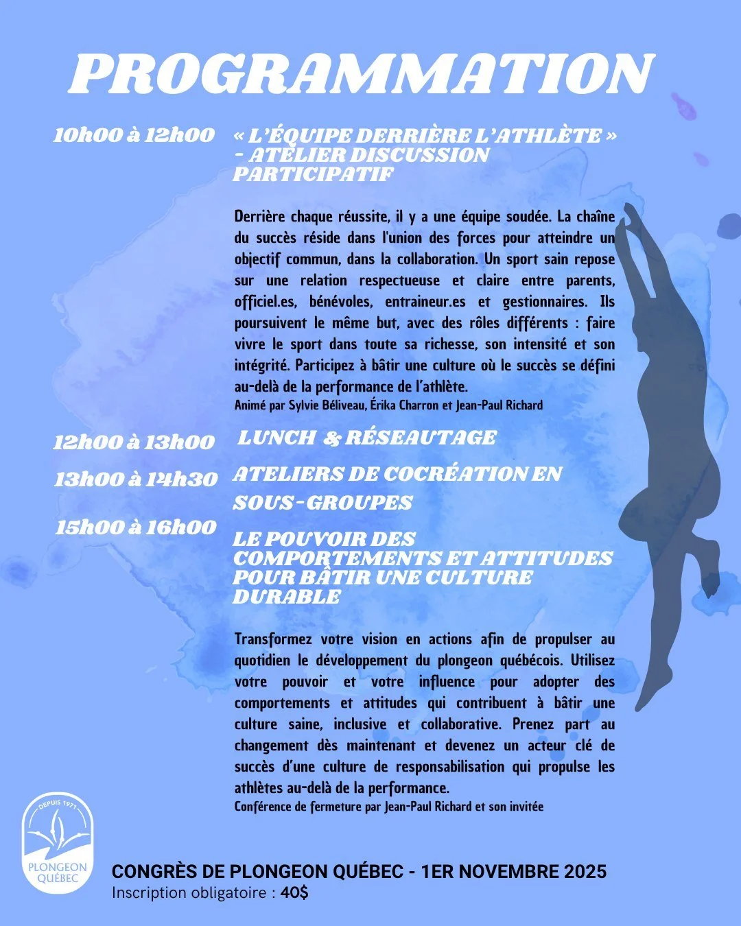 🚀 Le Congr&egrave;s Plongeon Qu&eacute;bec 2025 arrive !
📅 1er novembre | Maison du Loisir et du Sport

Une journ&eacute;e pour r&eacute;fl&eacute;chir, &eacute;changer et faire avancer notre sport 💡💬

🔥 Au programme :
👥 Ateliers participatifs
