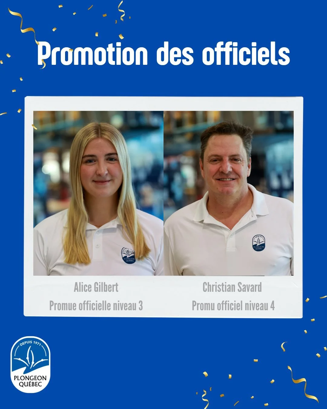 👏 PROMOTION DES OFFICIELS 👏

Plongeon Qu&eacute;bec est fier de souligner la promotion de deux officiels de notre grande famille !

🌟 Alice Gilbert acc&egrave;de au niveau 3,
et
🌟 Christian Savard atteint le niveau 4.

Ces accomplissements t&eacu