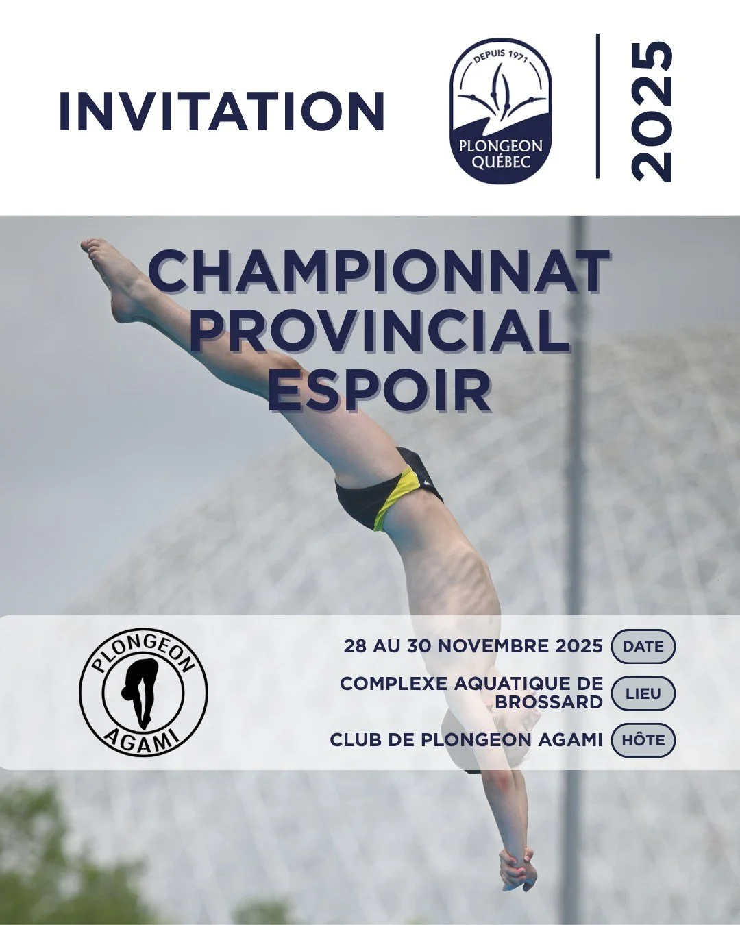 CHAMPIONNAT PROVINCIAL ESPOIR 1📣
L’invitation du premier Championnat provincial Espoir, qui aura lieu du 28 au 30 novembre 2025 au Complexe aquatique de Brossard, organisé par le Club de @plongeonagami , est maintenant disponible ici :