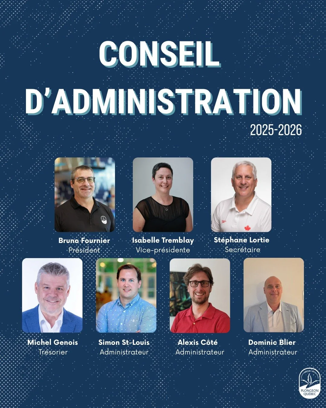🌟 Annonce officielle &ndash; Conseil d&rsquo;administration 2025-2026 🌟

Plongeon Qu&eacute;bec est fier de d&eacute;voiler les membres de son Conseil d&rsquo;administration pour la saison 2025-2026! ⬇️

👉Bruno Fournier, pr&eacute;sident
👉Isabell