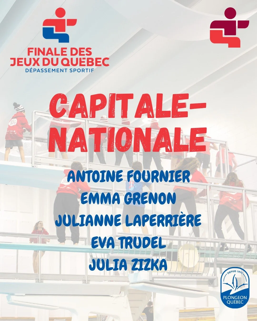 ⭐ En route vers Blainville 2026 &ndash; Plongeon

La r&eacute;gion de la Capitale-Nationale sera fi&egrave;rement repr&eacute;sent&eacute;e en plongeon lors des Jeux du Qu&eacute;bec 2026 &agrave; Blainville, en mars prochain 💙

Voici les athl&egrav