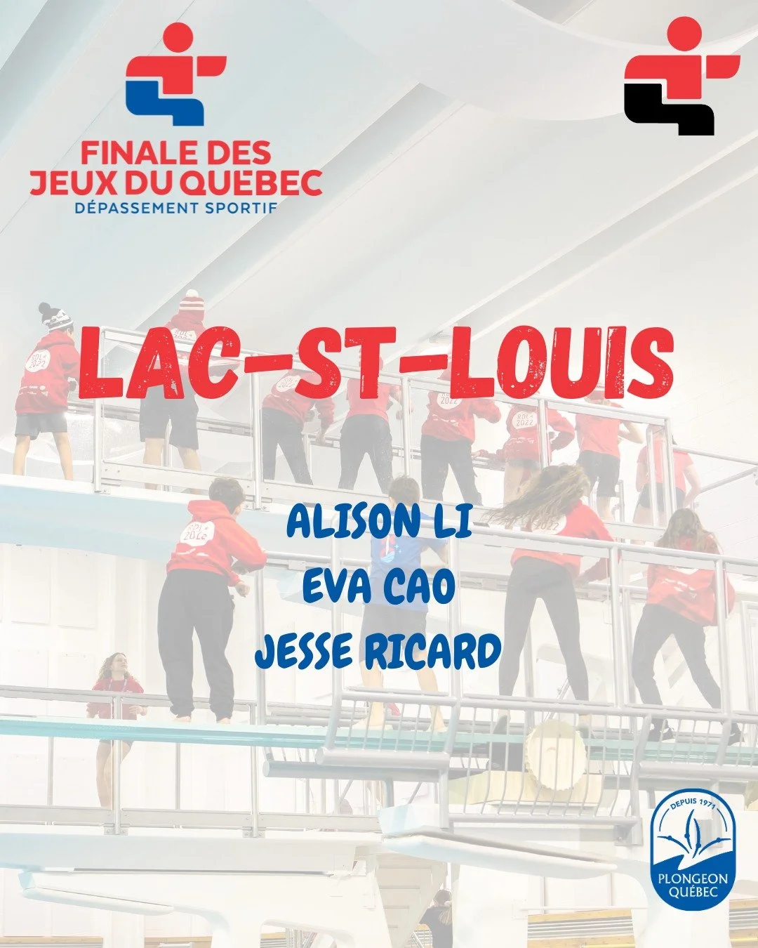 ⭐ En route vers Blainville 2026 &ndash; Plongeon

La r&eacute;gion du Lac-Saint-Louis sera fi&egrave;rement repr&eacute;sent&eacute;e en plongeon lors des Jeux du Qu&eacute;bec 2026 &agrave; Blainville, en mars prochain 💙

Voici les athl&egrave;tes 