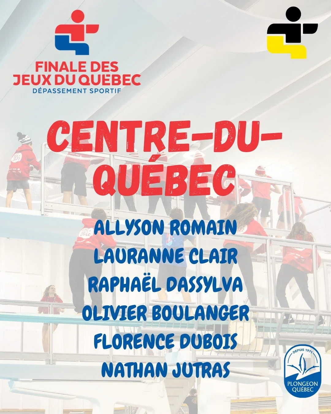 ⭐ En route vers Blainville 2026 &ndash; Plongeon

La r&eacute;gion du Centre-du-Qu&eacute;bec sera fi&egrave;rement repr&eacute;sent&eacute;e en plongeon lors des Jeux du Qu&eacute;bec 2026 &agrave; Blainville, en mars prochain 💙

Voici les athl&egr