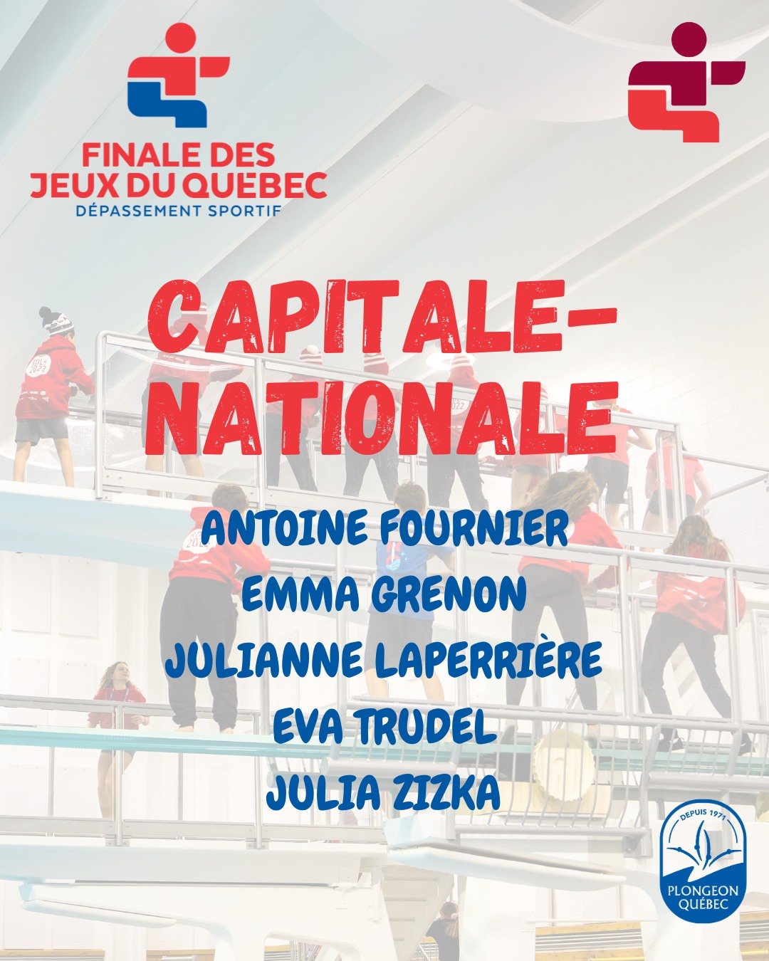 ⭐ En route vers Blainville 2026 &ndash; Plongeon

La r&eacute;gion de la Capitale-Nationale sera fi&egrave;rement repr&eacute;sent&eacute;e en plongeon lors des Jeux du Qu&eacute;bec 2026 &agrave; Blainville, en mars prochain 💙

Voici les athl&egrav