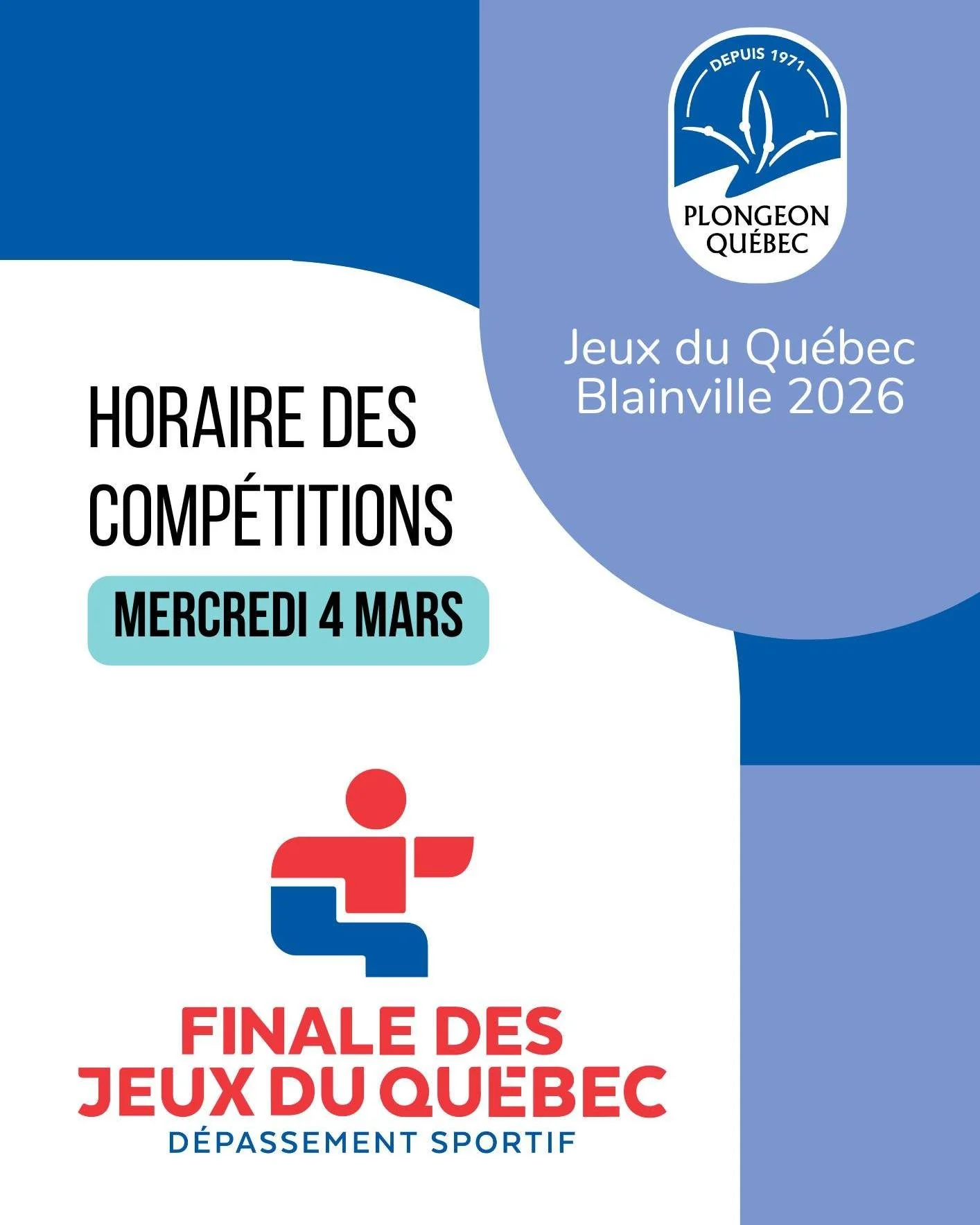 ⭐ Horaire de comp&eacute;tition &ndash; Plongeon Blainville 2026

&Agrave; une semaine du d&eacute;but des &eacute;preuves de plongeon aux @Jeux du Qu&eacute;bec  2026 &agrave; Blainville, l&rsquo;horaire officiel est maintenant disponible! ⏰

D&eacu
