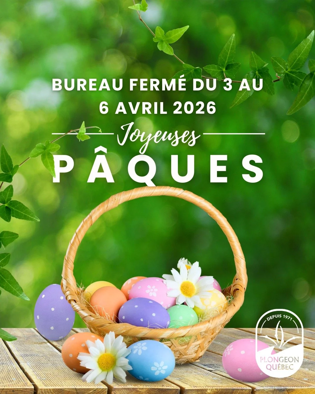 Joyeuses P&acirc;ques &agrave; tous  et &agrave; toutes! 🌸🐣

On vous souhaite un week-end rempli de rires, de chocolat&hellip; et de moments m&eacute;morables avec vos proches ! 🐰🩵

Petit rappel : notre bureau sera ferm&eacute; du 3 au 6 avril in