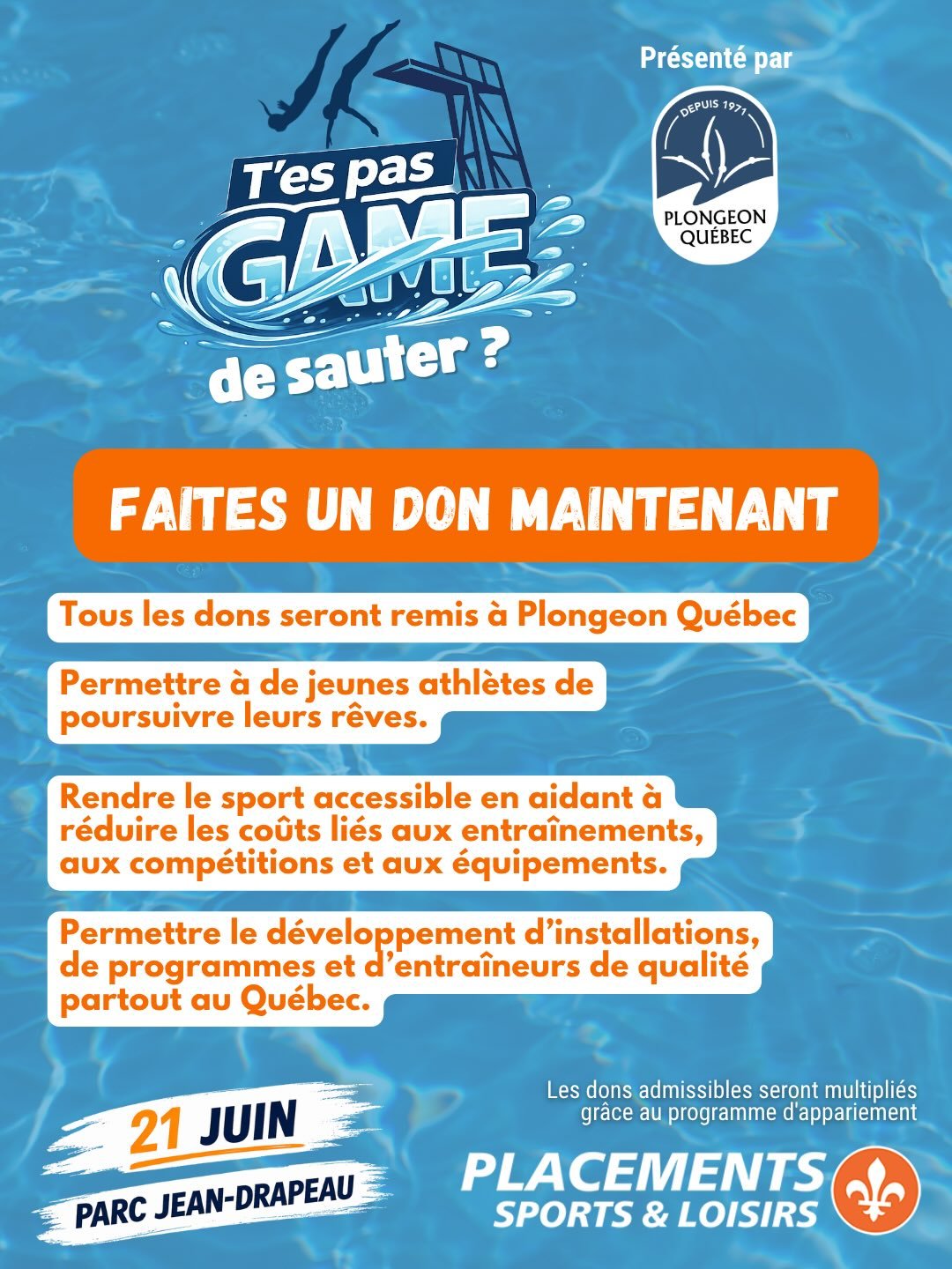 Avec le retour du d&eacute;fi T&rsquo;es pas game de sauter, le 21 juin prochain, voici ce qu&rsquo;il faut savoir pour amasser vos dons👇

Cette ann&eacute;e, plusieurs options s&rsquo;offrent &agrave; vous📌 :

&bull; Joindre l&rsquo;&eacute;quipe 