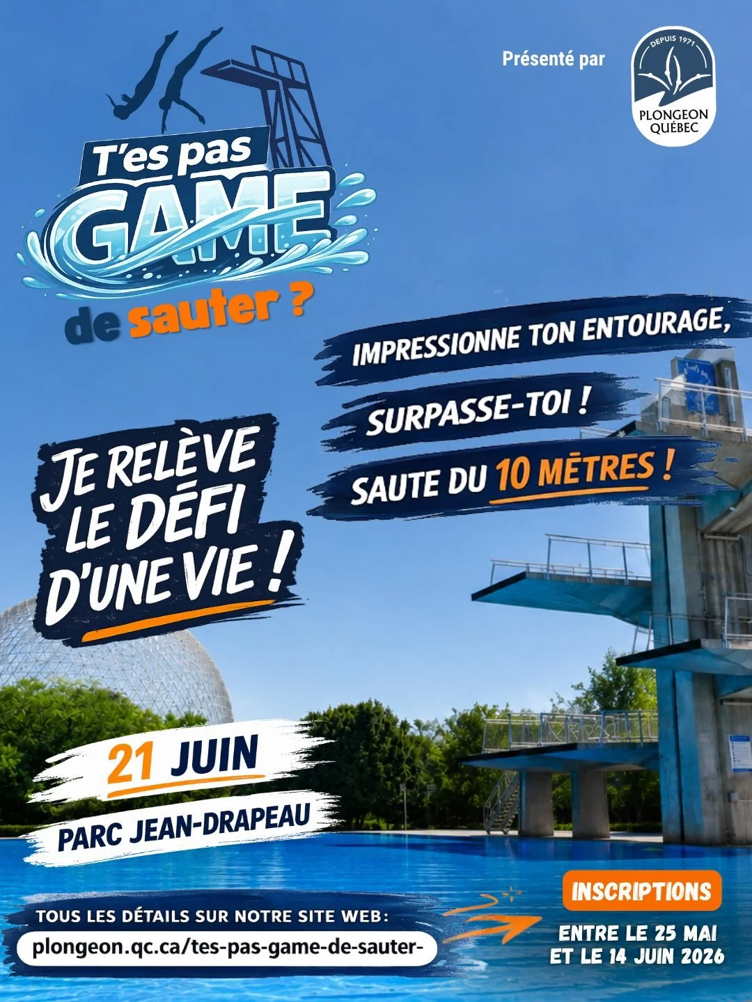 T&rsquo;es pas game de sauter du 10 m&egrave;tres ? 

T&rsquo;es pas game de sauter est de retour le 21 juin prochain au Parc Jean-Drapeau dans le cadre de la Super Finale Espoir. 👀

Le concept est simple : 
Des participants rel&egrave;vent le d&eac