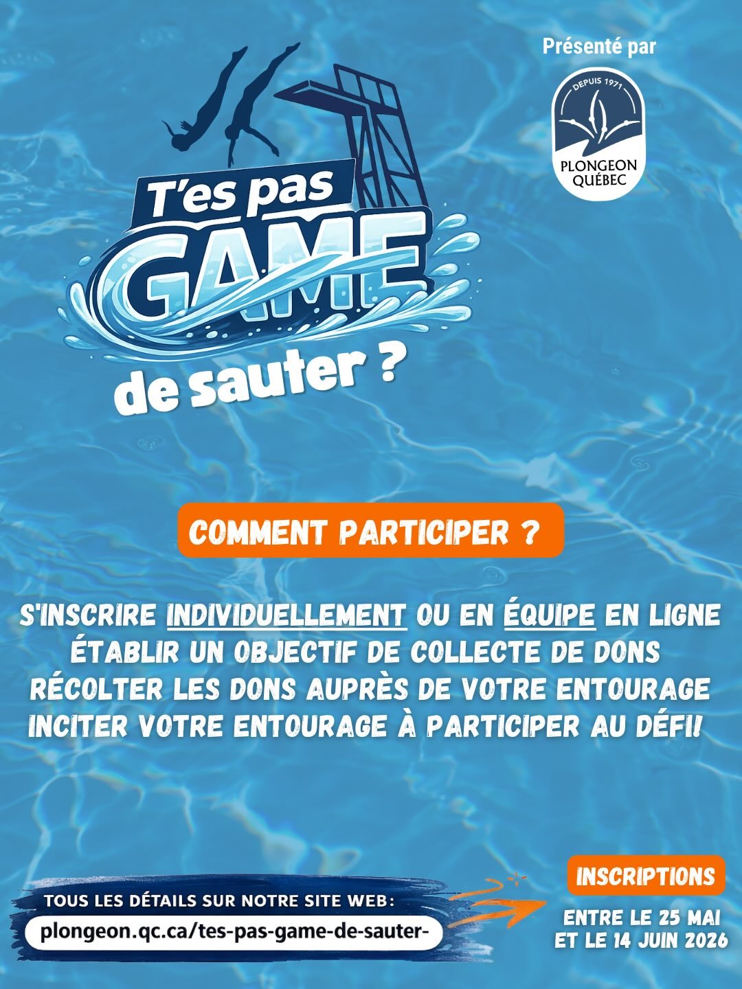Int&eacute;ress&eacute; de participer au d&eacute;fi T&rsquo;es pas game de sauter, mais tu n&rsquo;as pas encore pris le temps de t&rsquo;inscrire?🧐

Ceci est ton signe pour passer &agrave; l&rsquo;action! ✅

Nous avons mis &agrave; votre dispositi