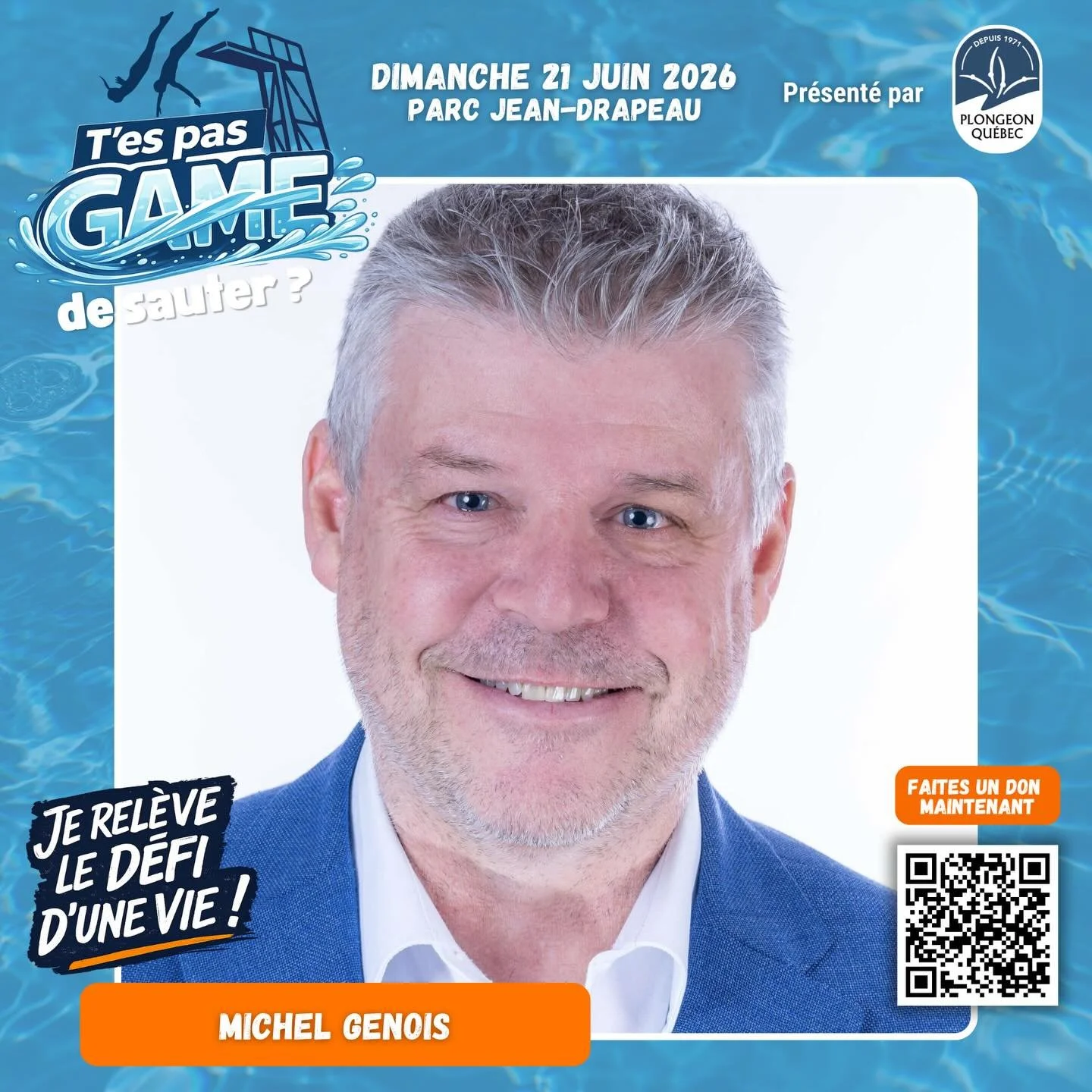 ‼️LES INSCRIPTIONS SE TERMINENT BIENT&Ocirc;T‼️

Faites comme Michel Genois et inscrivez-vous d&egrave;s maintenant &agrave; T&rsquo;es pas game de sauter!✅
&nbsp;
Relevez le d&eacute;fi du 10 m&egrave;tres et amassez des dons pour soutenir le d&eacu