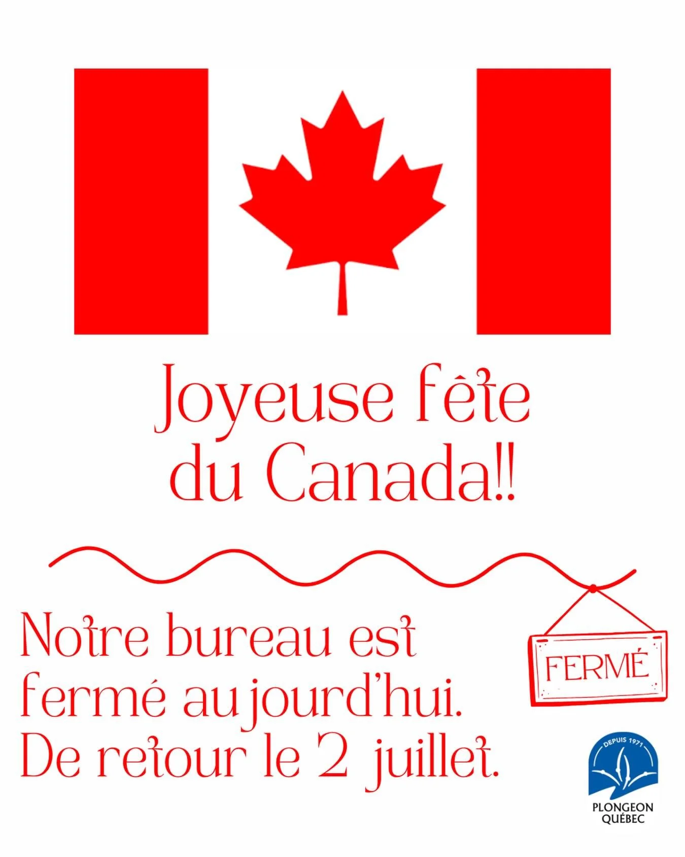 Joyeuse f&ecirc;te du Canada &agrave; toute notre communaut&eacute;! 🇨🇦

Notre bureau est ferm&eacute; aujourd&rsquo;hui, mais nous serons de retour en poste demain.☺️