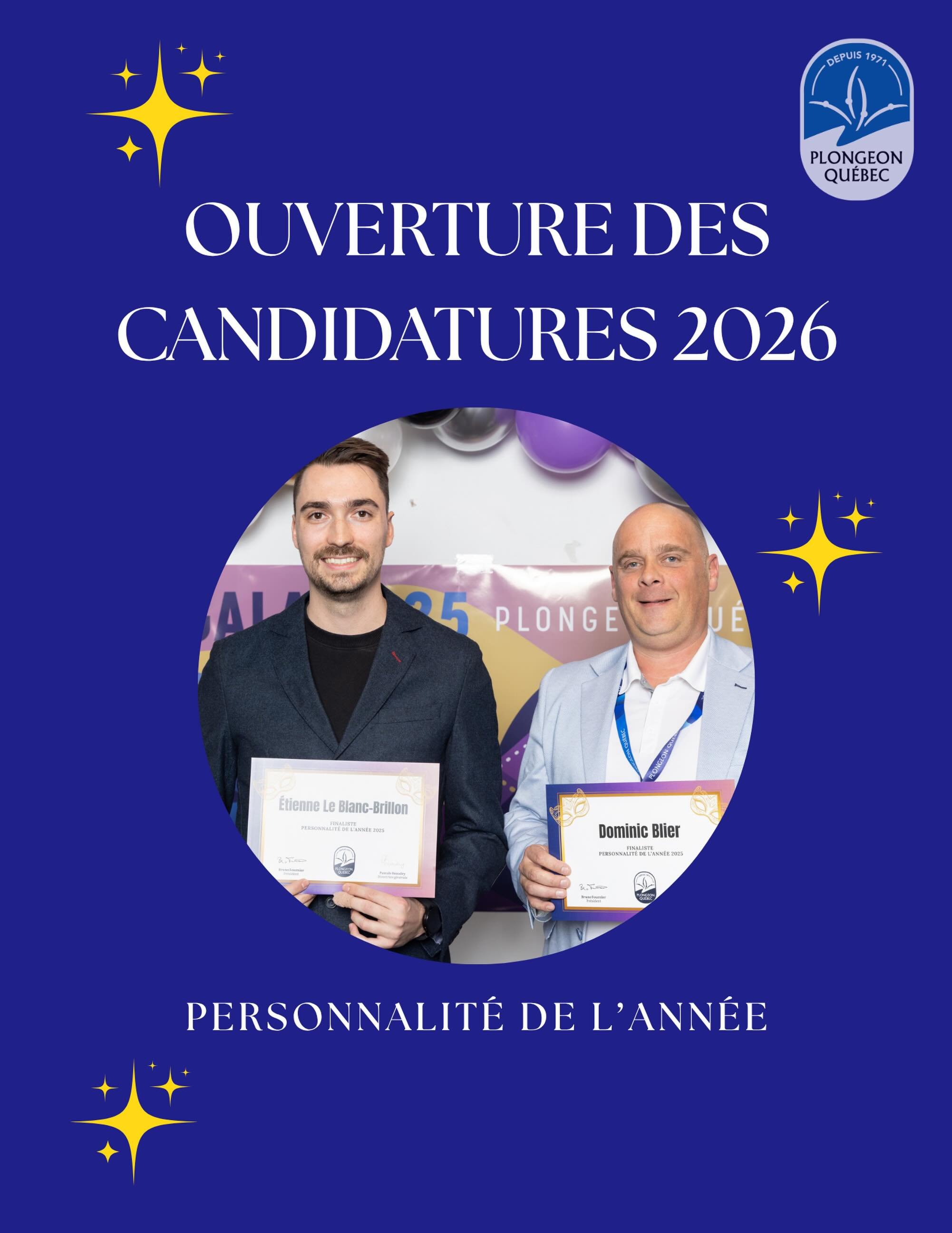 ✨ Candidatures Gala Plongeon Qu&eacute;bec 2026 ✨
Il est temps de mettre en lumi&egrave;re les personnes qui font rayonner notre sport!

Que ce soit un officiel, un entra&icirc;neur, un &eacute;l&egrave;ve-athl&egrave;te, un b&eacute;n&eacute;vole ou