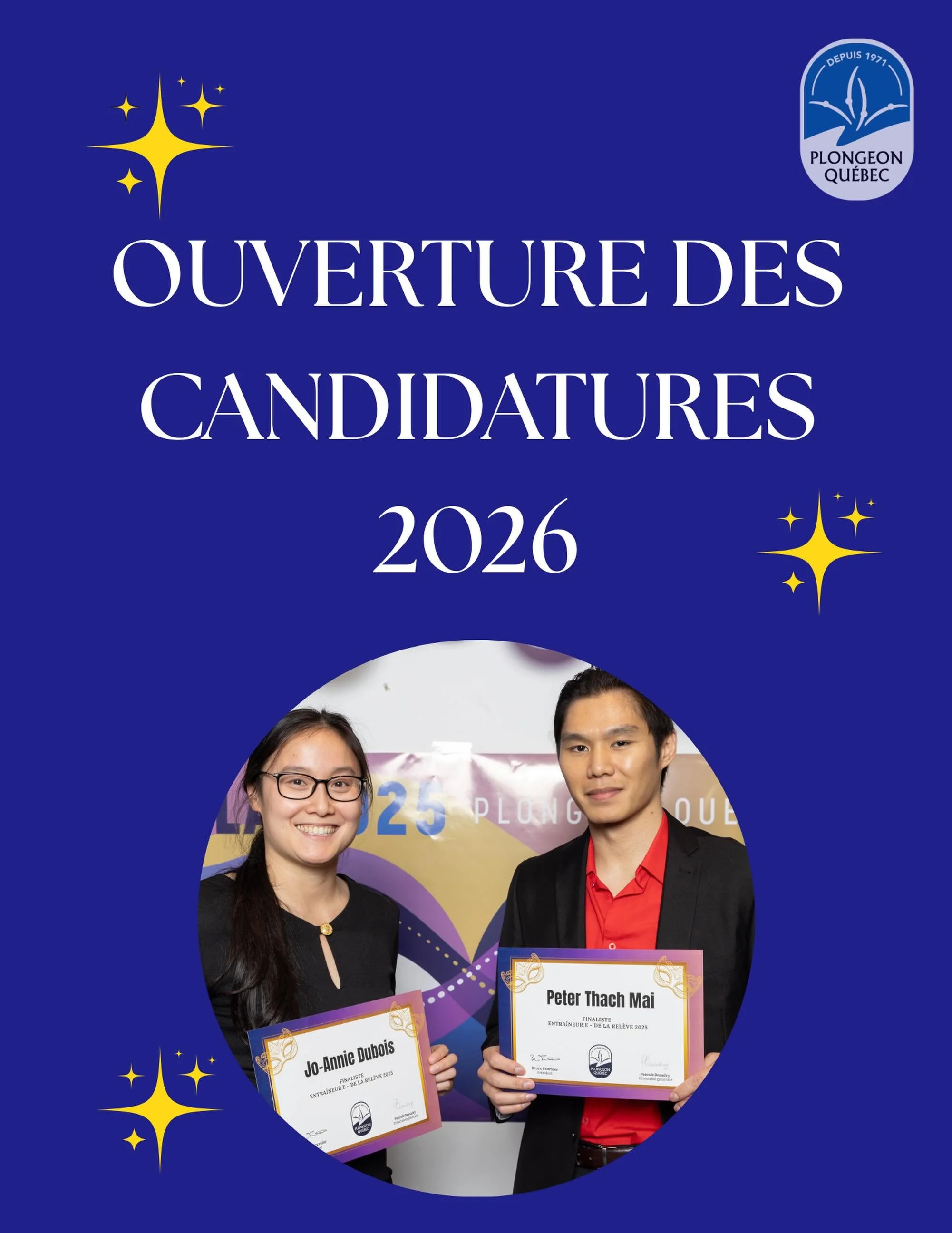 🚨RAPPEL - DATE LIMITE: 10 ao&ucirc;t 📅

🏆 Les mises en candidature pour le Gala Plongeon Qu&eacute;bec 2026 sont maintenant ouvertes!
Il est temps de mettre en lumi&egrave;re les personnes qui font rayonner notre sport!
Chaque ann&eacute;e, le Gal
