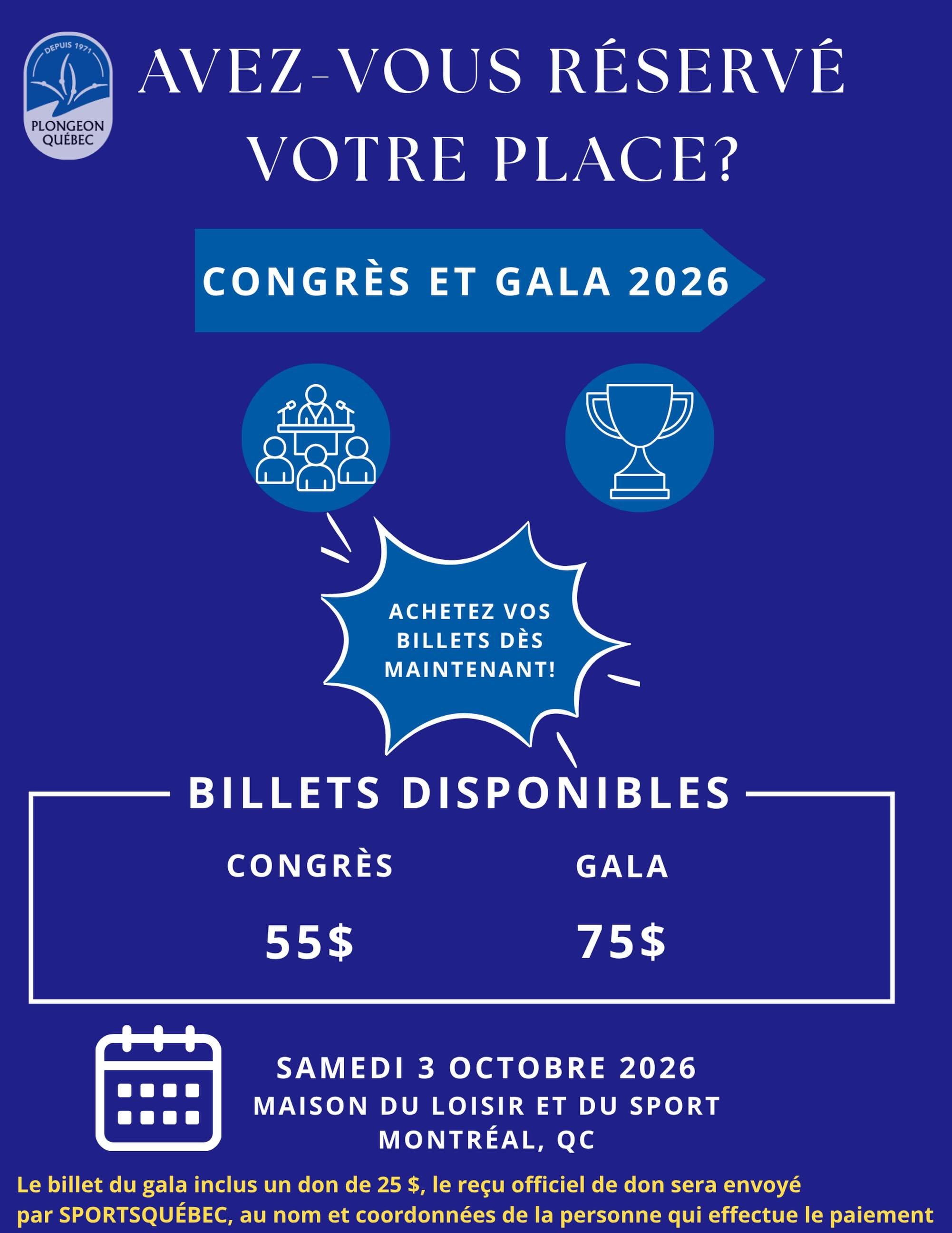 ✨Ouverture de la billetterie &mdash; Congr&egrave;s et Gala Plongeon Qu&eacute;bec 2026 ✨
 Plongeon Qu&eacute;bec est heureux de vous convier &agrave; sa grande journ&eacute;e annuelle de rassemblement, qui se tiendra le&nbsp;samedi 3 octobre 2026&nb