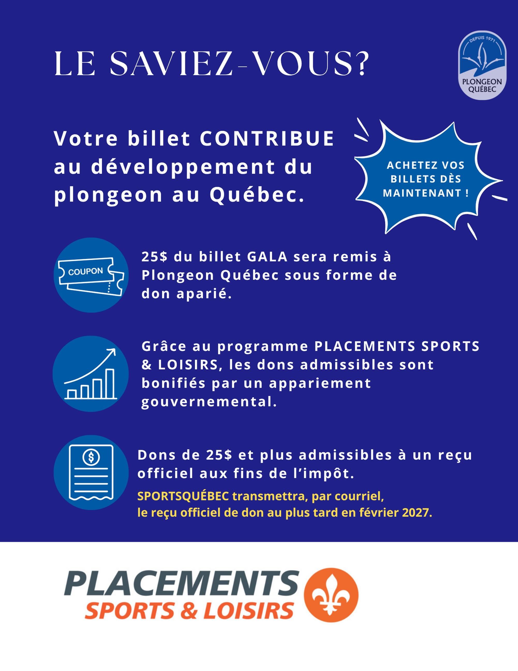 💙 Votre billet au Gala contribue au d&eacute;veloppement du plongeon au Qu&eacute;bec! 💙

Saviez-vous qu&rsquo;une portion de votre billet pour le Gala de reconnaissance Plongeon Qu&eacute;bec 2026 est remise &agrave; la f&eacute;d&eacute;ration so