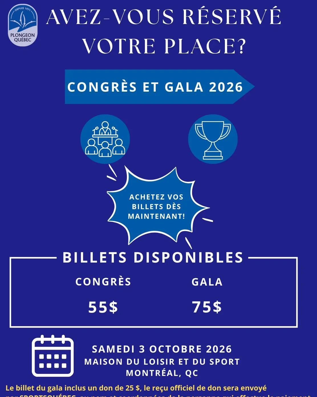⏳Faites-vite! Il ne reste que 3 jours pour s&rsquo;inscrire au Congr&egrave;s!✨
�Plongeon Qu&eacute;bec est heureux de vous convier &agrave; sa grande journ&eacute;e annuelle de rassemblement, qui se tiendra le samedi 3 octobre 2026 &agrave; la Maiso