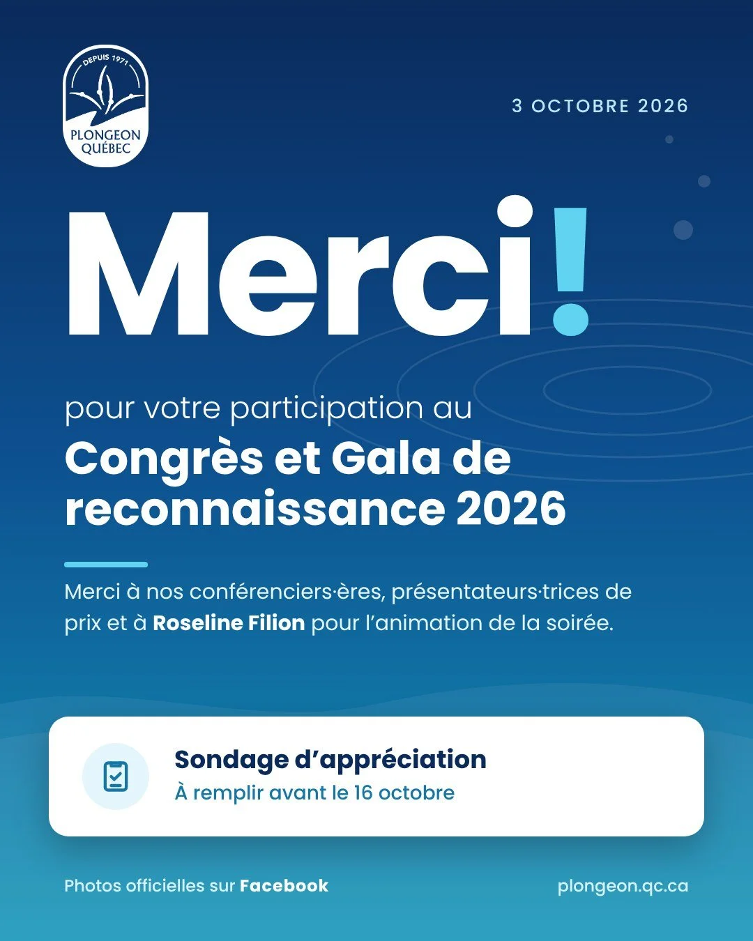 MERCI pour votre participation au Congr&egrave;s et Gala 2026! 💙

Toute l&rsquo;&eacute;quipe de Plongeon Qu&eacute;bec vous remercie d&rsquo;avoir &eacute;t&eacute; pr&eacute;sents le 3 octobre dernier pour c&eacute;l&eacute;brer les r&eacute;alisa