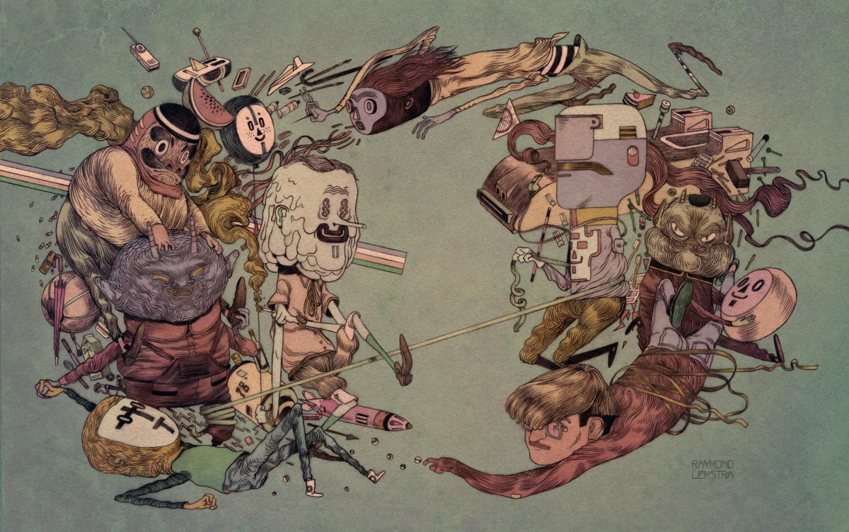  Raymond Lemstra is an artist and illustrator from the Netherlands who makes small meticulous drawings on paper with a strong focus on the craft. many of his works derive from the notion of childlike wonder; pure curiosity and fantasy not yet pushed 