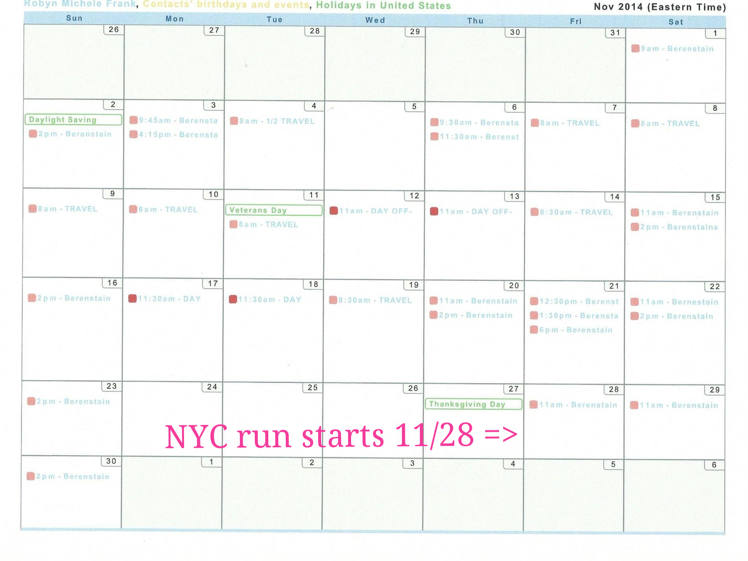  November 2014 Performance Calendar