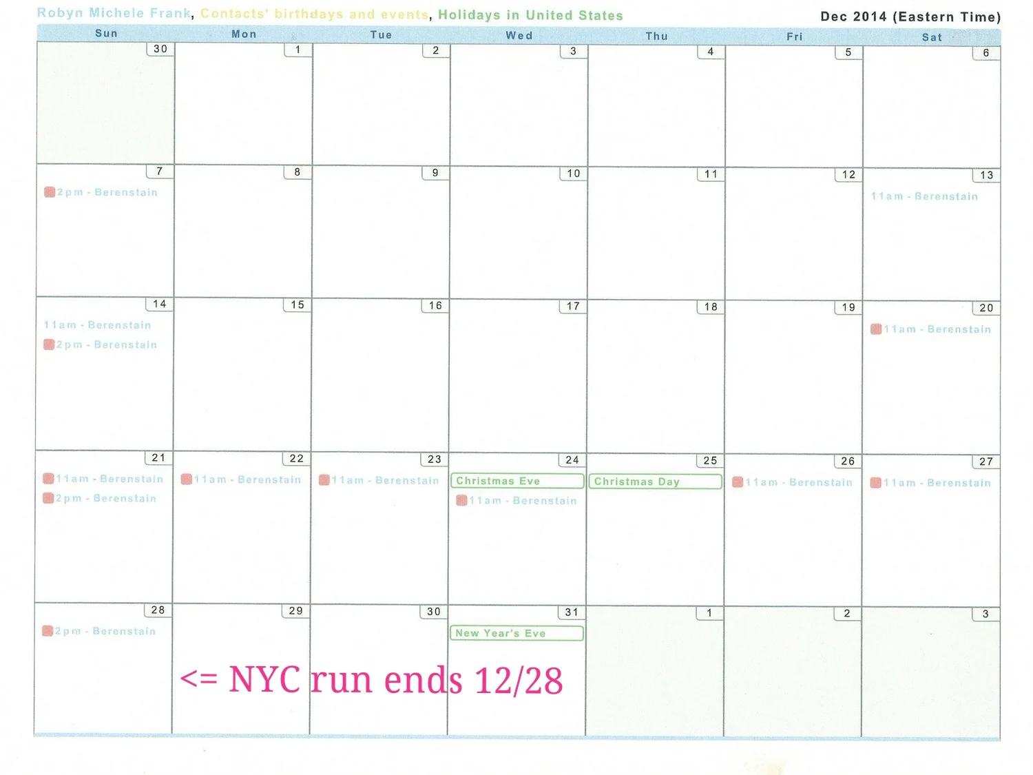  December 2014 Performance Calendar