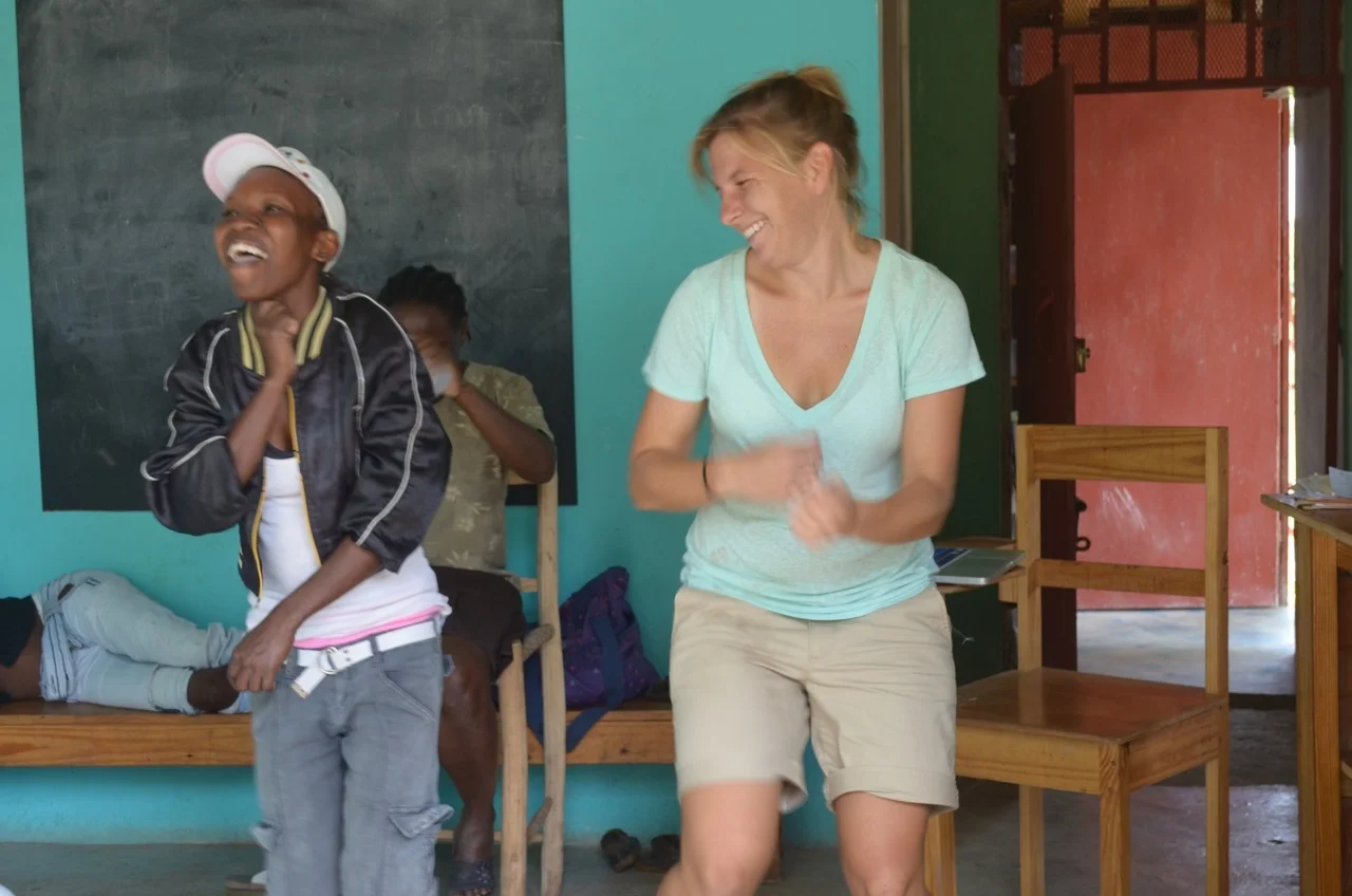 Jesula and Jenn dancing on Tuesday. 