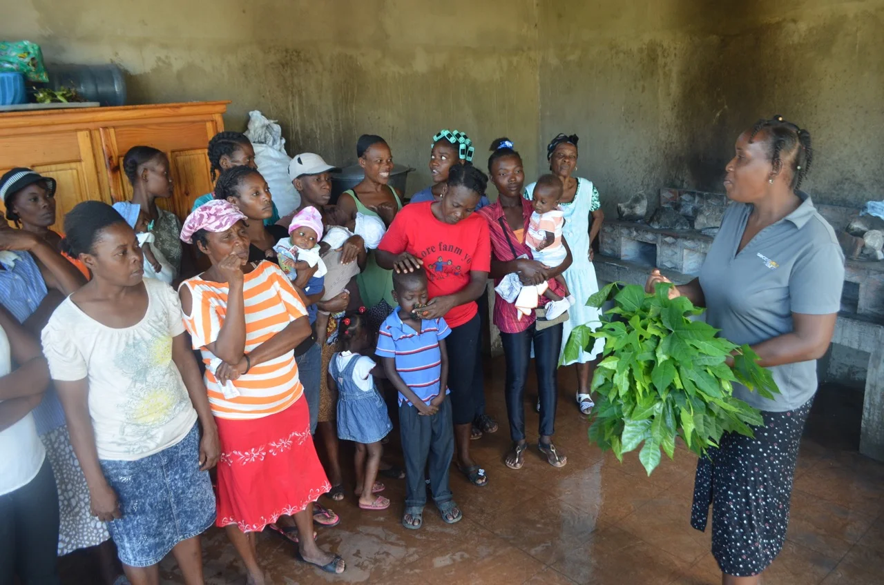 Kely's aunt wipes his nose, during a nutrition demonstration
