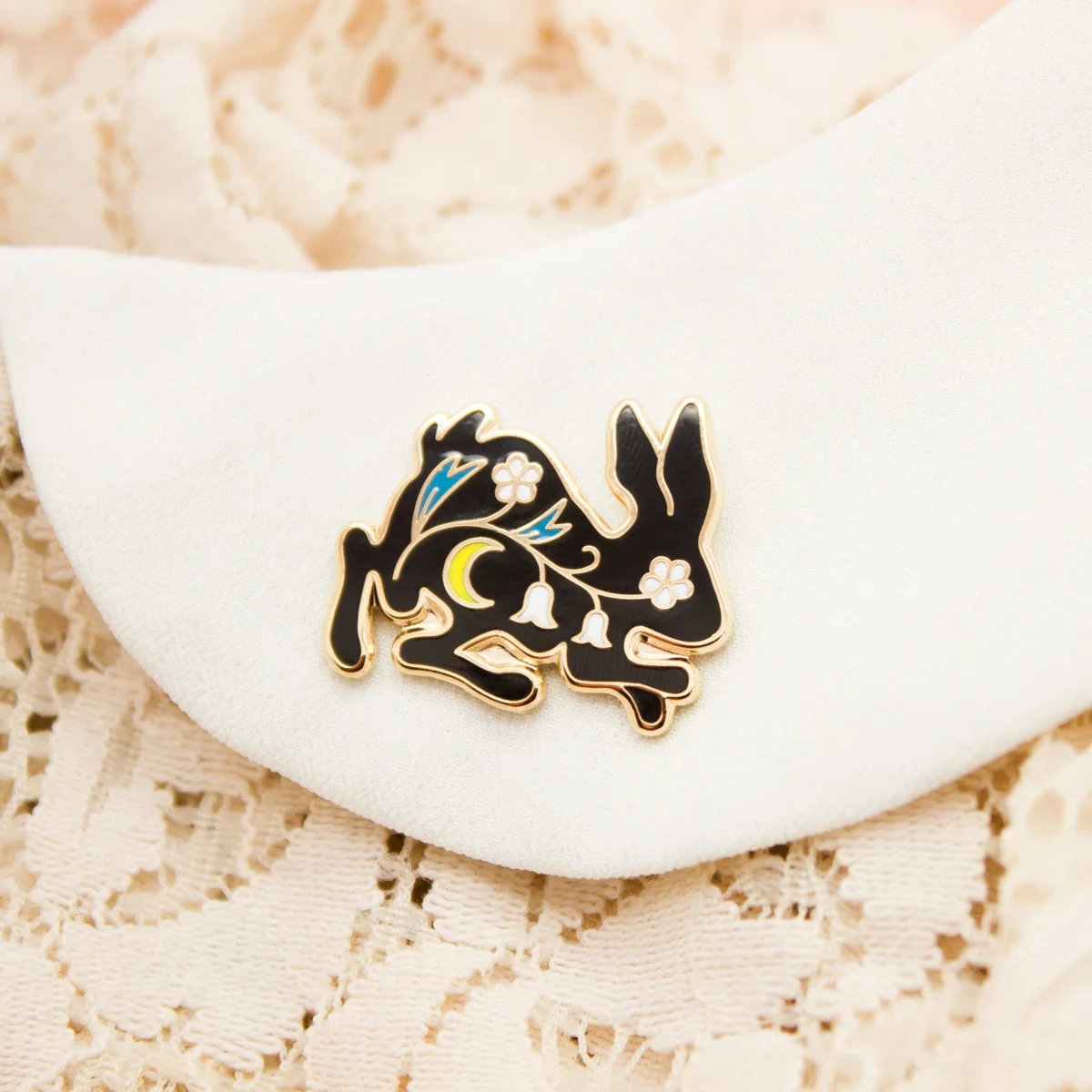 TINY BUNNY PIN 1" Hard Enamel Lapel Pin High Polished Gold Plating Black Rubber Cap $10 Retail / $5 Wholesale