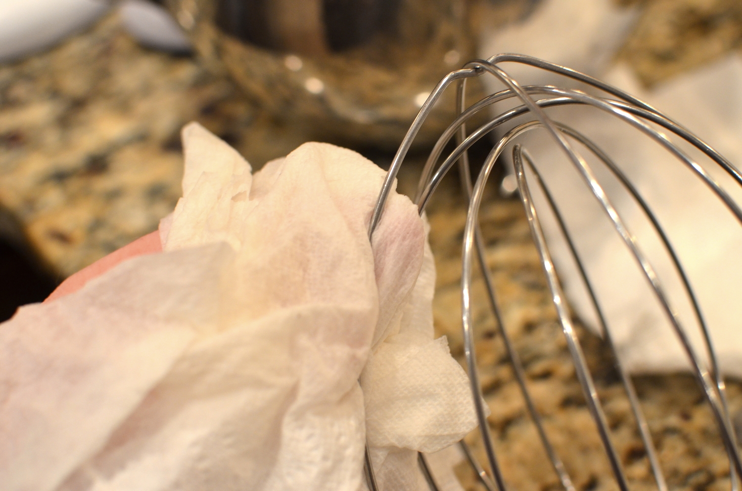 To be extra sure my bowl and whip are completely free of fats/oils, I like to wipe them down with a little white distilled vinegar, allowing any residual moisture to evaporate completely before proceeding with the recipe.