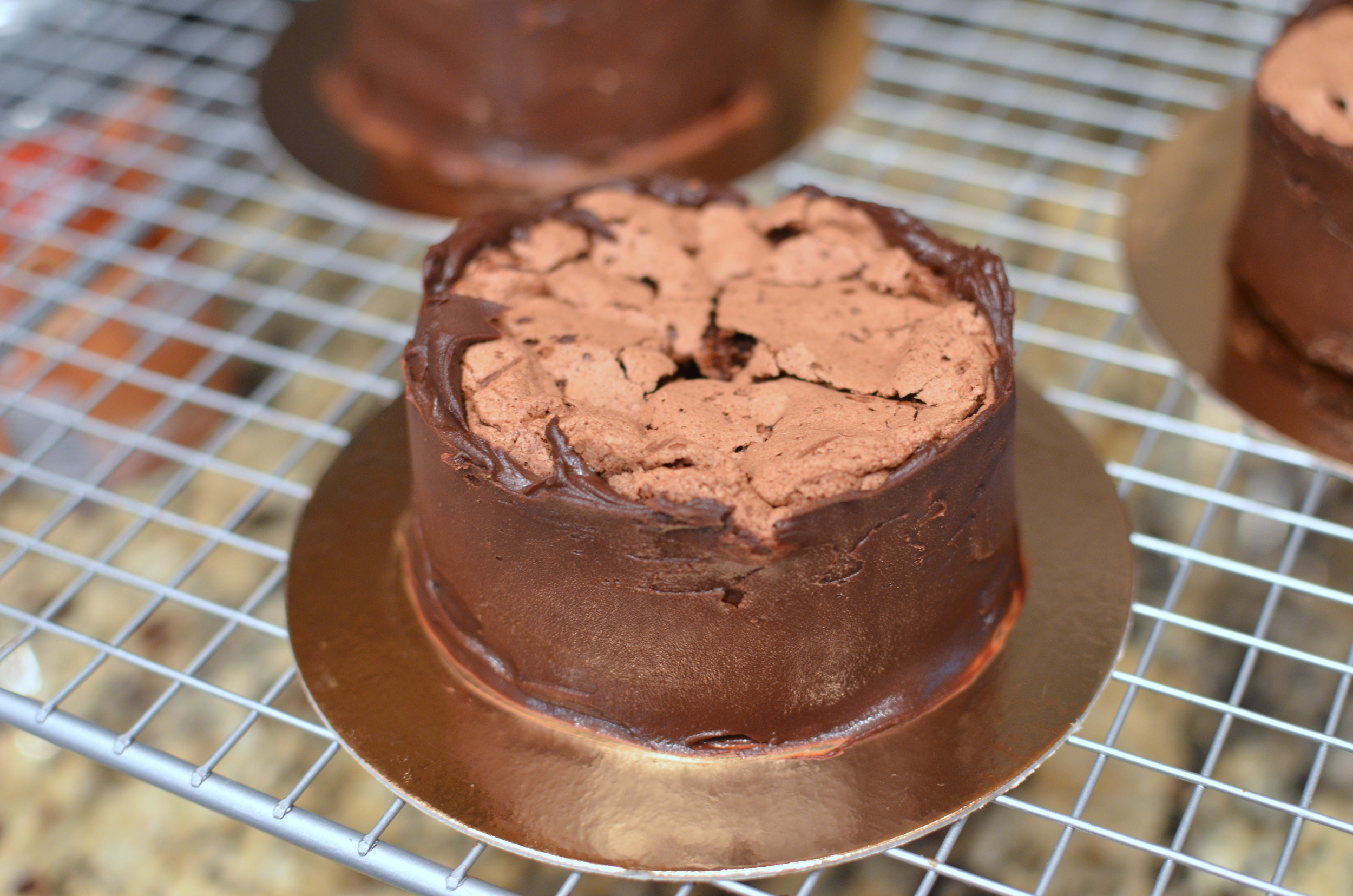 Leave the top of the cake naked. It will host a cloud of caramel whipped cream eventually.