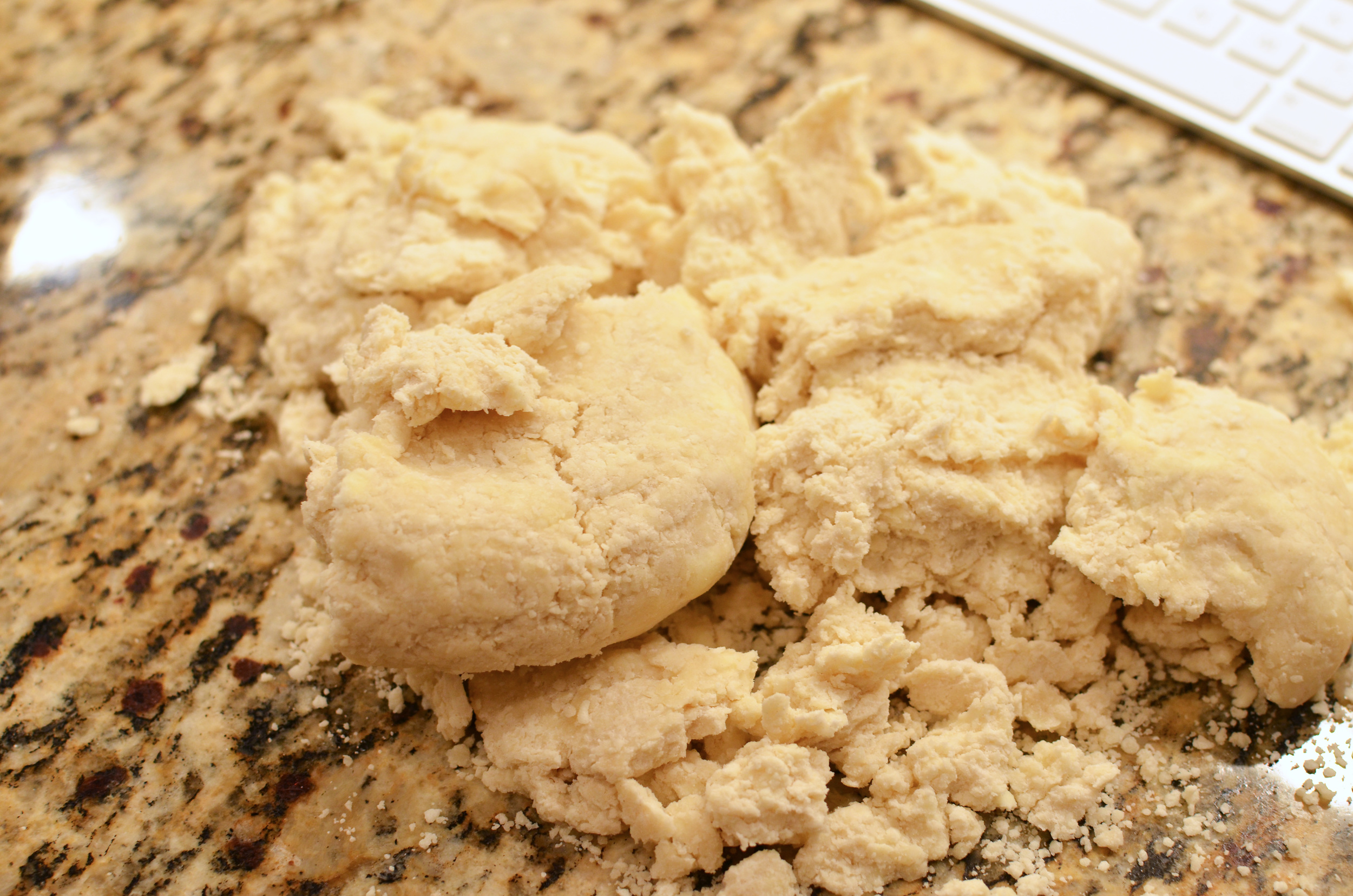 Here's what it looks like after it's been kneaded for a few minutes. Still looks a bit on the dry and crumbly side, but it's fine. Divide the dough into two portions and shape each into a flat-ish circle. Wrap in plastic and chill for at least 45 minutes (or up to 2 days). Chilling allows the dry ingredients to fully absorb the moisture from the wet ingredients. It also allows the dough to relax, making it easier to roll and reduce the chance of it shrinking during baking. Tip: if you squeeze a handful of the crumbly crust mix in the palm of your hand and it holds together after you open your fingers, you should be good to go.