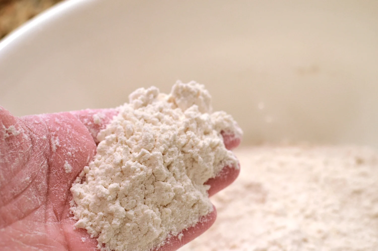 Use your hands to rub the cream cheese into the flour mixture until it resembles coarse meal. This takes a long time and I have to admit that I pulled out out my pastry blender to speed the process up a bit.