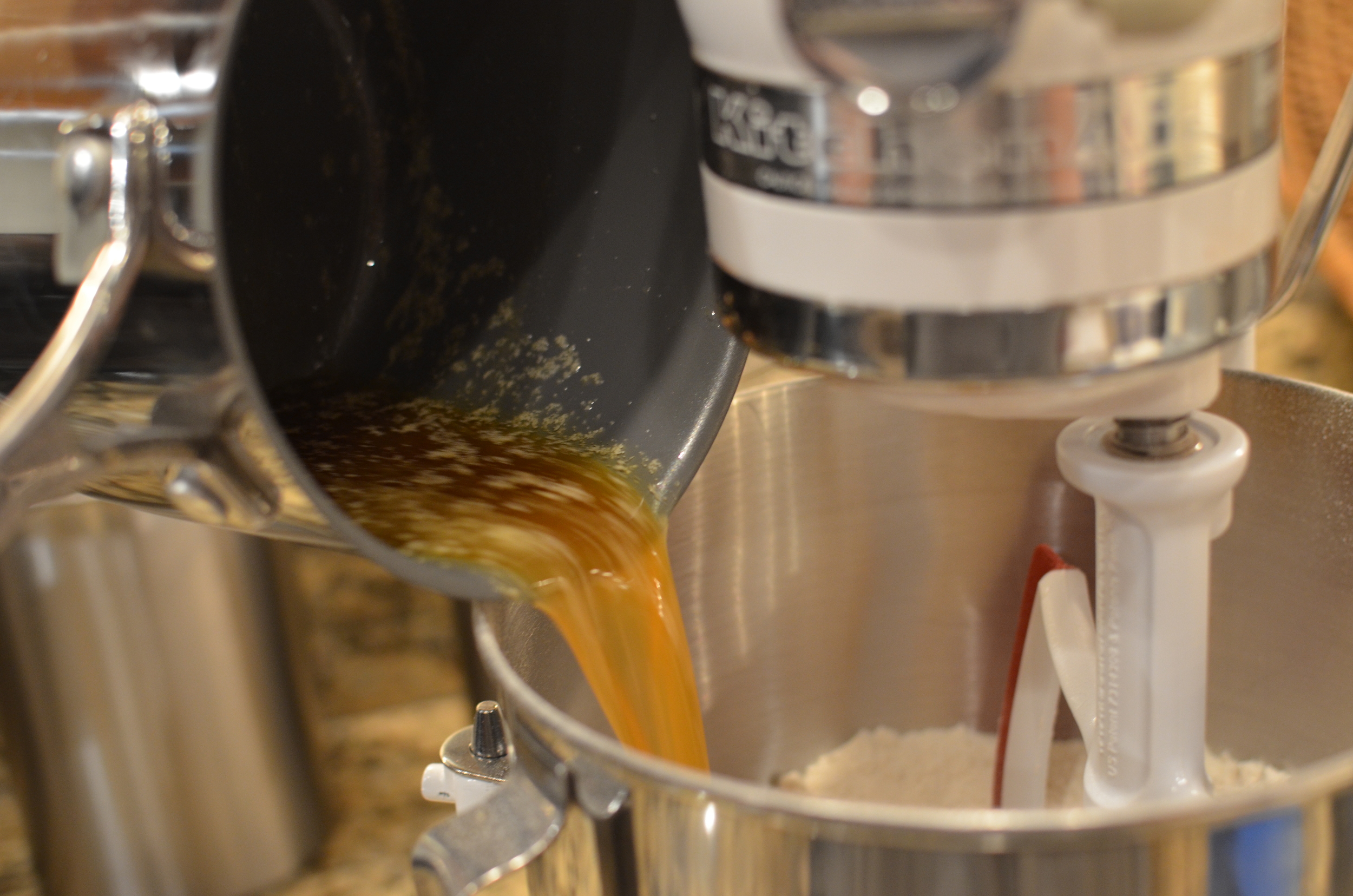 Add the cooled butter mixture and mix on low speed for about 1 minute.