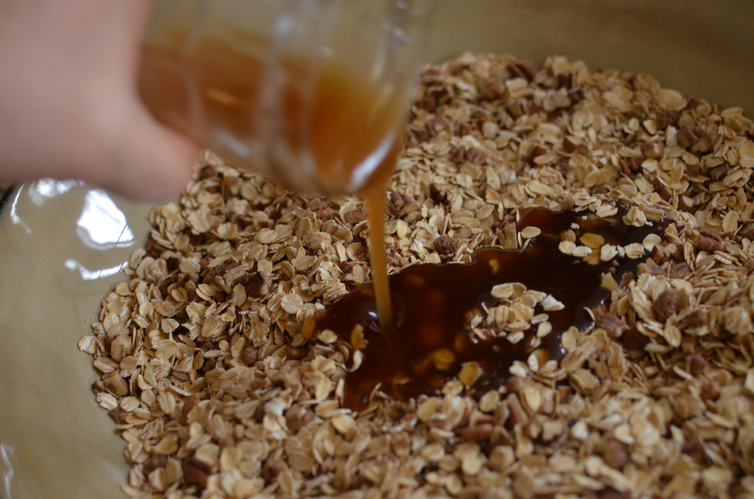 Pour the liquid concoction over the oat mixture.
