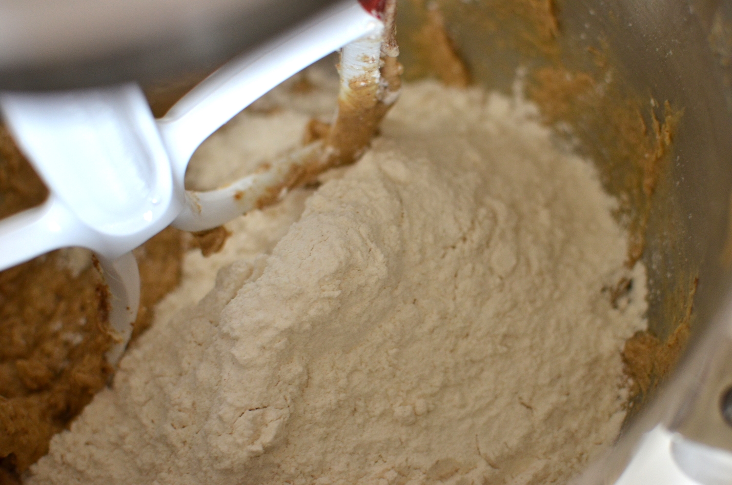 In goes the flour, baking powder, baking soda, and salt. Mix some more.