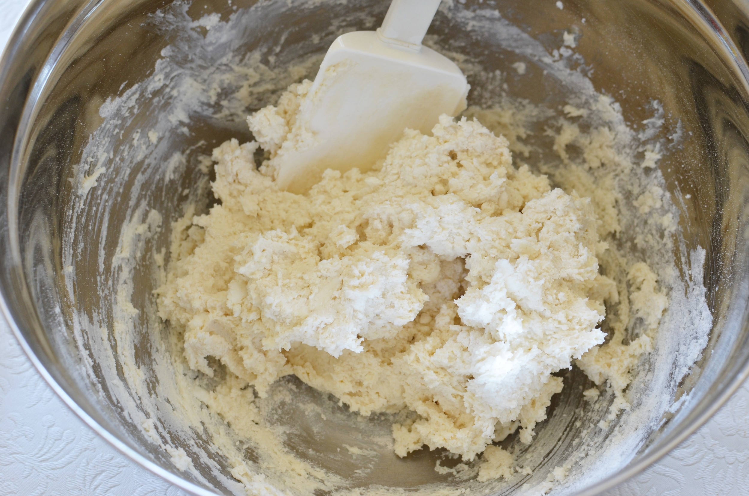 This is what the mixture will look like. The dough is very wet so you need to let it rest for a few minutes to firm up a bit.